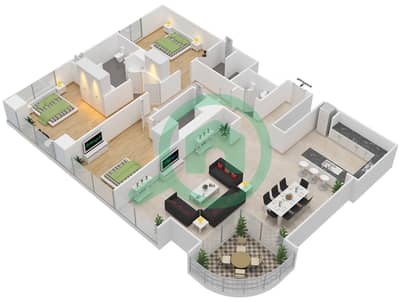 المخططات الطابقية لتصميم النموذج B شقة 3 غرف نوم - مارينا هايتس I