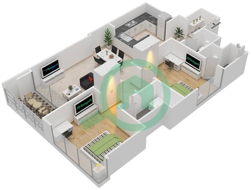 Floor plans for Type D 2bedroom Apartments in Marina