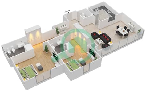المخططات الطابقية لتصميم الوحدة 1-10 شقة 2 غرفة نوم - مارينا بلو تاور