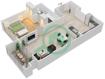 المخططات الطابقية لتصميم الوحدة 5,6 شقة 1 غرفة نوم - مارينا بلو تاور