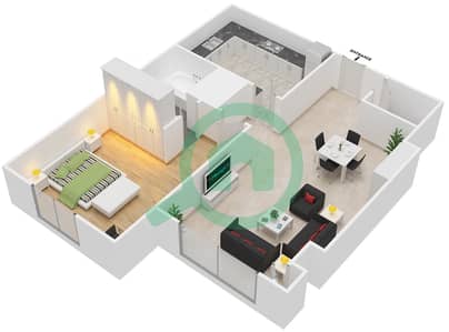 المخططات الطابقية لتصميم الوحدة 2,3,8,9 شقة 1 غرفة نوم - مارينا بلو تاور