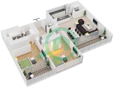 المخططات الطابقية لتصميم النموذج 2C شقة 2 غرفة نوم - السنا 1