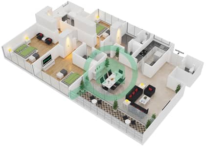 المخططات الطابقية لتصميم النموذج A3 شقة 3 غرف نوم - الندى 2