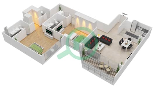 المخططات الطابقية لتصميم النموذج B شقة 2 غرفة نوم - الهديل