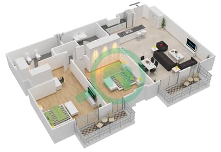 المخططات الطابقية لتصميم النموذج / الوحدة 2A/401 شقة 2 غرفة نوم - البرزة