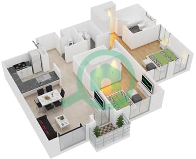 المخططات الطابقية لتصميم النموذج K شقة 2 غرفة نوم - قرية الخليج