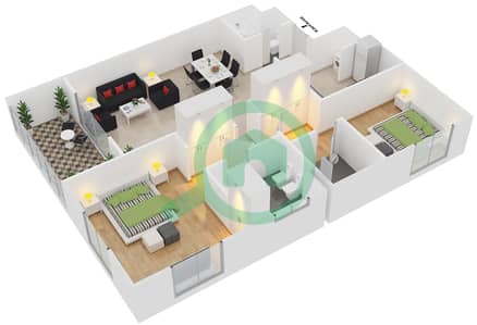 المخططات الطابقية لتصميم النموذج L2 شقة 2 غرفة نوم - قرية الخليج