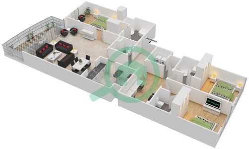 المخططات الطابقية لتصميم النموذج B شقة 3 غرف نوم - أكوامارين