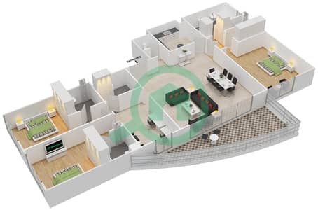 المخططات الطابقية لتصميم النموذج A شقة 3 غرف نوم - أكوامارين