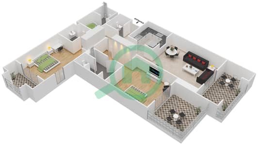 المخططات الطابقية لتصميم النموذج 3 شقة 2 غرفة نوم - مساكن تاج العظمة