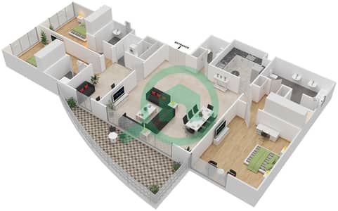 المخططات الطابقية لتصميم النموذج A شقة 3 غرف نوم - أوشيانا الكاريبي