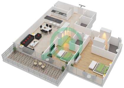 المخططات الطابقية لتصميم الوحدة 7 FLOOR 1 شقة 2 غرفة نوم - مساكن سيرينيا الجناح الغربي
