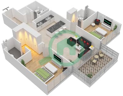المخططات الطابقية لتصميم الوحدة 6 FLOOR 1 شقة 2 غرفة نوم - مساكن سيرينيا الجناح الغربي