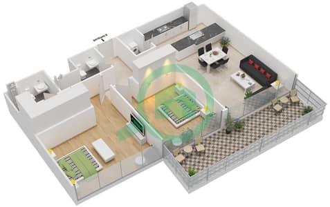 المخططات الطابقية لتصميم الوحدة 5 FLOOR 1 شقة 2 غرفة نوم - مساكن سيرينيا الجناح الشمالي