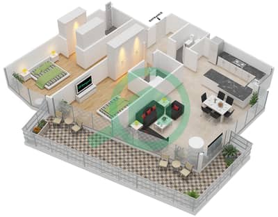 المخططات الطابقية لتصميم الوحدة 4 FLOOR 1 شقة 2 غرفة نوم - مساكن سيرينيا الجناح الشمالي