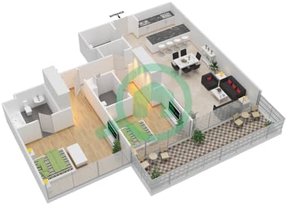المخططات الطابقية لتصميم الوحدة 4 FLOOR 1 شقة 2 غرفة نوم - مساكن سيرينيا الجناح الشرقي