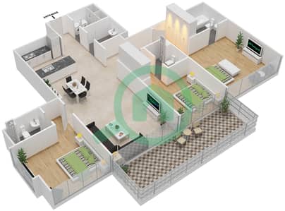 المخططات الطابقية لتصميم الوحدة 3 FLOOR 1 شقة 3 غرف نوم - مساكن سيرينيا الجناح الشرقي