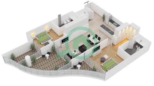 المخططات الطابقية لتصميم الوحدة 11 FLOOR 3,5,7 شقة 2 غرفة نوم - رويال باي من عزيزي