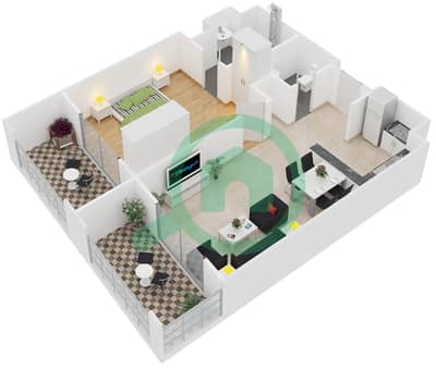 المخططات الطابقية لتصميم النموذج S1B شقة 1 غرفة نوم - دوقات النخلة