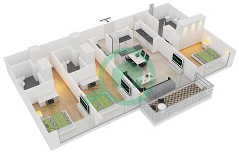 المخططات الطابقية لتصميم النموذج H3A شقة 3 غرف نوم - ذا 8