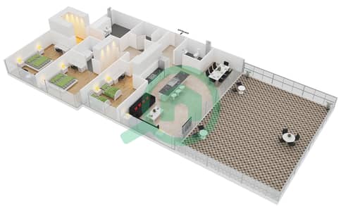 المخططات الطابقية لتصميم النموذج 3D شقة 3 غرف نوم - ذا 8