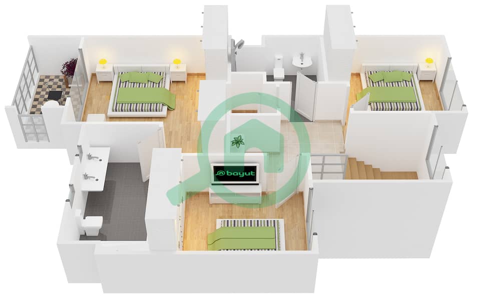 المخططات الطابقية لتصميم النموذج 1 تاون هاوس 3 غرف نوم - زهرة تاون هاوس First Floor image3D