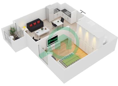 المخططات الطابقية لتصميم النموذج 1B-1 شقة 1 غرفة نوم - شقق زهرة
