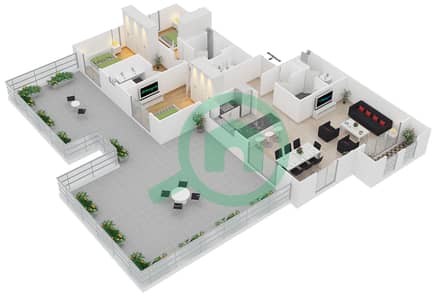 المخططات الطابقية لتصميم النموذج 3D-1 شقة 3 غرف نوم - شقق زهرة