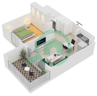 المخططات الطابقية لتصميم النموذج 1A-2 شقة 1 غرفة نوم - شقق زهرة