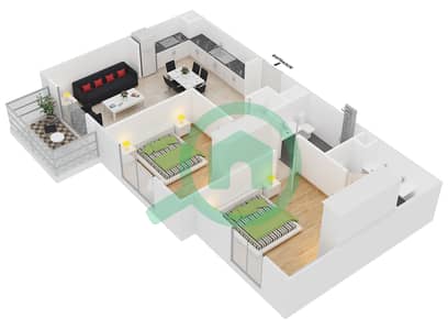 المخططات الطابقية لتصميم النموذج 2B-9 شقة 2 غرفة نوم - شقق زهرة
