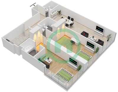 المخططات الطابقية لتصميم النموذج 2-7 شقة 2 غرفة نوم - برج لطيفة