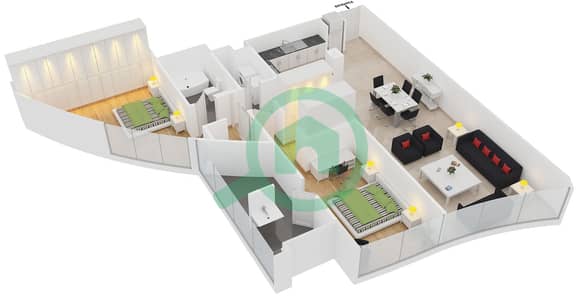 المخططات الطابقية لتصميم النموذج G شقة 2 غرفة نوم - برج بارك بليس