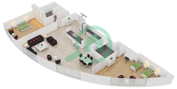 المخططات الطابقية لتصميم النموذج F شقة 2 غرفة نوم - برج بارك بليس