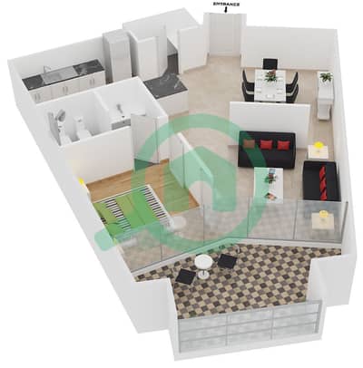 المخططات الطابقية لتصميم النموذج I شقة 1 غرفة نوم - برج بارك بليس