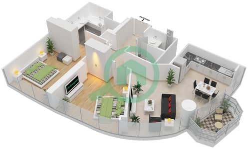 المخططات الطابقية لتصميم النموذج T1-2A شقة 2 غرفة نوم - العنوان هاربر بوينت خور دبي