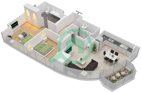 المخططات الطابقية لتصميم النموذج T2-2A شقة 2 غرفة نوم - العنوان هاربر بوينت خور دبي