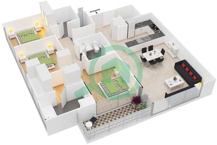 المخططات الطابقية لتصميم النموذج 6 شقة 3 غرف نوم - بوابة الخور