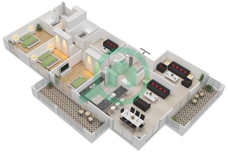 المخططات الطابقية لتصميم التصميم 3,16 شقة 3 غرف نوم - برج توريا B