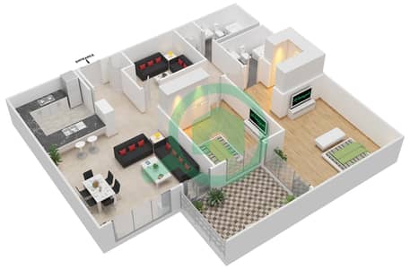 المخططات الطابقية لتصميم التصميم 18A شقة 2 غرفة نوم - برج توريا B