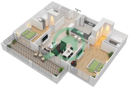 المخططات الطابقية لتصميم التصميم 8,12,19,20,21,24 شقة 2 غرفة نوم - برج توريا B