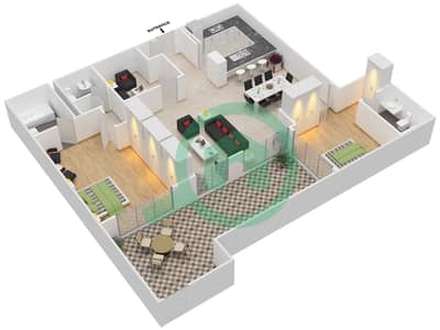 المخططات الطابقية لتصميم التصميم 5 شقة 2 غرفة نوم - برج توريا B