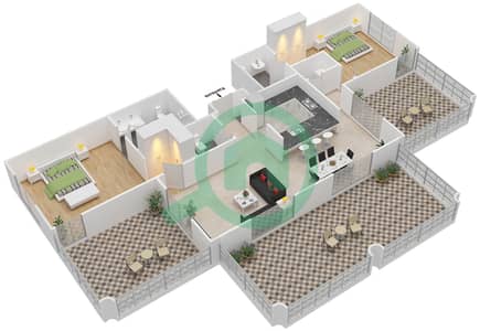 المخططات الطابقية لتصميم التصميم 1B FLOORS 4-6 شقة 2 غرفة نوم - برج ترافو B