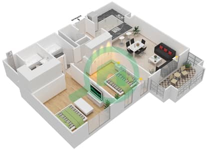 المخططات الطابقية لتصميم التصميم 2 FLOORS 1-6 شقة 2 غرفة نوم - برج ترافو B