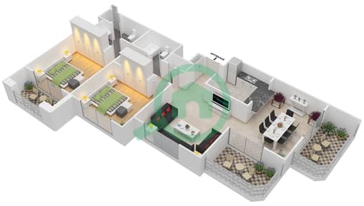 المخططات الطابقية لتصميم التصميم 3,4,15,16 FLOOR 9 شقة 2 غرفة نوم - موسيلا ووترسايد السكني