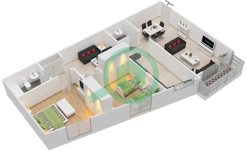 المخططات الطابقية لتصميم الوحدة 12 شقة 2 غرفة نوم - الدانا 2