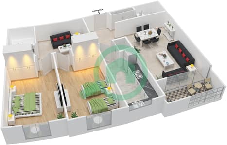المخططات الطابقية لتصميم الوحدة 4 شقة 2 غرفة نوم - الدانا 2