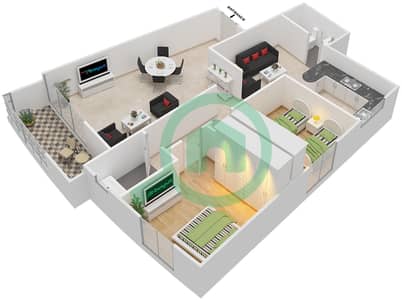 المخططات الطابقية لتصميم الوحدة 6 شقة 2 غرفة نوم - الدانا 2