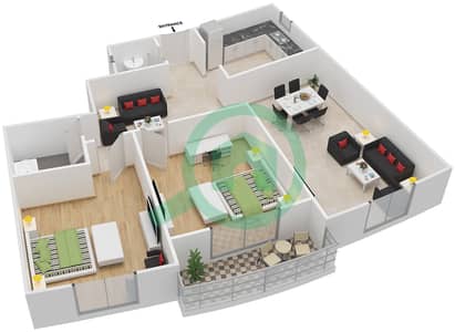المخططات الطابقية لتصميم النموذج 10 شقة 2 غرفة نوم - الدانا 1
