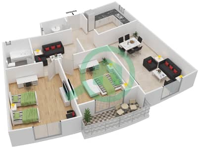 المخططات الطابقية لتصميم النموذج 9 شقة 2 غرفة نوم - الدانا 1