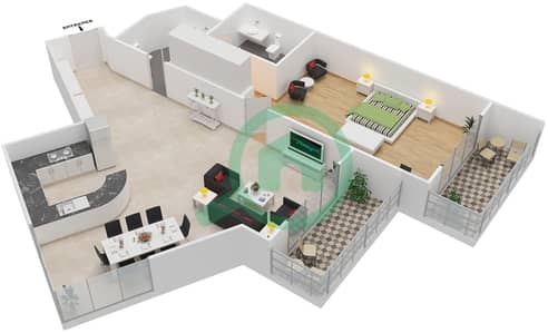 المخططات الطابقية لتصميم النموذج A شقة 1 غرفة نوم - برج ذا كريسنت C